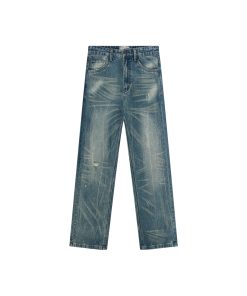 Washed Blue Retro A-Line Straight-Leg Jeans for a Clean Fit, Inspired by American Street Style and Vintage Fashion