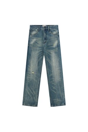 Washed Blue Retro A-Line Straight-Leg Jeans for a Clean Fit, Inspired by American Street Style and Vintage Fashion
