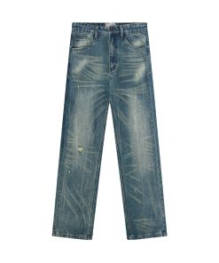 Washed Blue Retro A-Line Straight-Leg Jeans for a Clean Fit, Inspired by American Street Style and Vintage Fashion