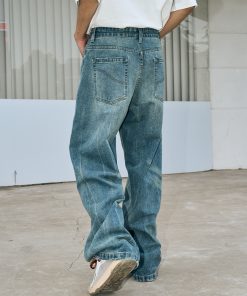 Washed Blue Retro A-Line Straight-Leg Jeans for a Clean Fit, Inspired by American Street Style and Vintage Fashion