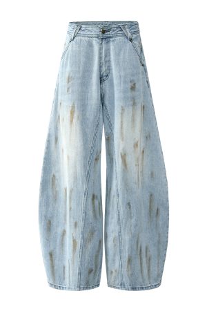 Washed Distressed Baggy Denim Pants for Men - Trendy Loose Fit Curved Blade Design, Casual 90s Style Machete Pants
