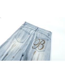 Washed Distressed Baggy Denim Pants for Men - Trendy Loose Fit Curved Blade Design, Casual 90s Style Machete Pants