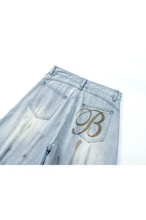 Washed Distressed Baggy Denim Pants for Men - Trendy Loose Fit Curved Blade Design, Casual 90s Style Machete Pants