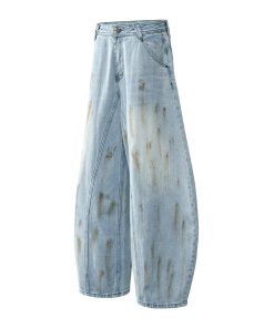 Washed Distressed Baggy Denim Pants for Men - Trendy Loose Fit Curved Blade Design, Casual 90s Style Machete Pants