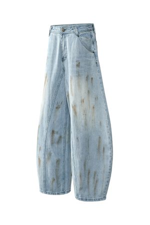Washed Distressed Baggy Denim Pants for Men - Trendy Loose Fit Curved Blade Design, Casual 90s Style Machete Pants