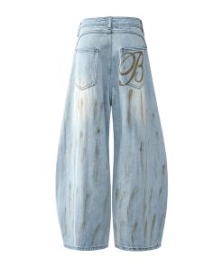 Washed Distressed Baggy Denim Pants for Men - Trendy Loose Fit Curved Blade Design, Casual 90s Style Machete Pants
