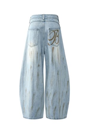 Washed Distressed Baggy Denim Pants for Men - Trendy Loose Fit Curved Blade Design, Casual 90s Style Machete Pants