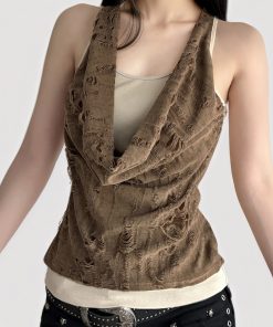 Wasteland Style Brown Contrast Color Sleeveless Vest - Distressed Summer Top for Women - Trendy 2025 Fashion
