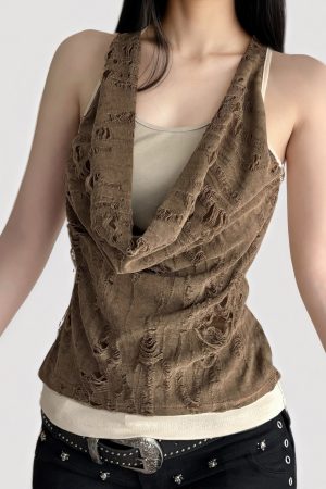 Wasteland Style Brown Contrast Color Sleeveless Vest - Distressed Summer Top for Women - Trendy 2025 Fashion