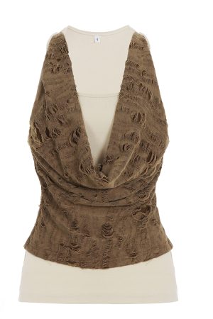 Wasteland Style Brown Contrast Color Sleeveless Vest - Distressed Summer Top for Women - Trendy 2025 Fashion