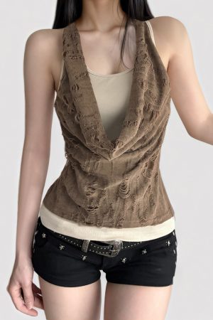 Wasteland Style Brown Contrast Color Sleeveless Vest - Distressed Summer Top for Women - Trendy 2025 Fashion