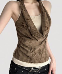 Wasteland Style Brown Contrast Color Sleeveless Vest - Distressed Summer Top for Women - Trendy 2025 Fashion