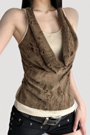 Wasteland Style Brown Contrast Color Sleeveless Vest - Distressed Summer Top for Women - Trendy 2025 Fashion