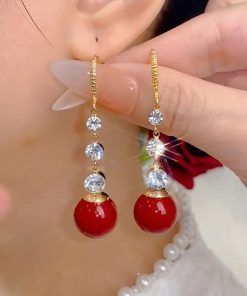 Water Drop Zircon Red Bead Long Tassel Earrings - Versatile Light Luxury High-End Fashion Ear Accessories for 2025