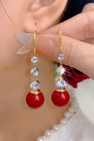 Water Drop Zircon Red Bead Long Tassel Earrings - Versatile Light Luxury High-End Fashion Ear Accessories for 2025