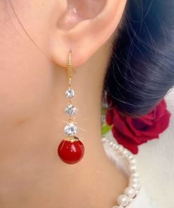 Water Drop Zircon Red Bead Long Tassel Earrings - Versatile Light Luxury High-End Fashion Ear Accessories for 2025