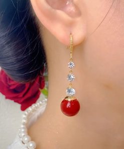 Water Drop Zircon Red Bead Long Tassel Earrings - Versatile Light Luxury High-End Fashion Ear Accessories for 2025