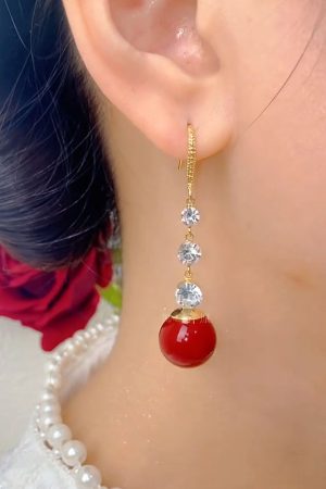 Water Drop Zircon Red Bead Long Tassel Earrings - Versatile Light Luxury High-End Fashion Ear Accessories for 2025