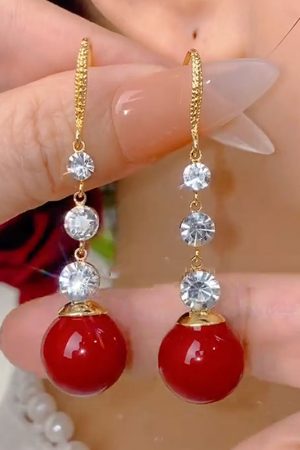 Water Drop Zircon Red Bead Long Tassel Earrings - Versatile Light Luxury High-End Fashion Ear Accessories for 2025