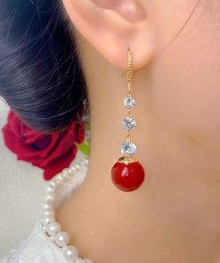 Water Drop Zircon Red Bead Long Tassel Earrings - Versatile Light Luxury High-End Fashion Ear Accessories for 2025