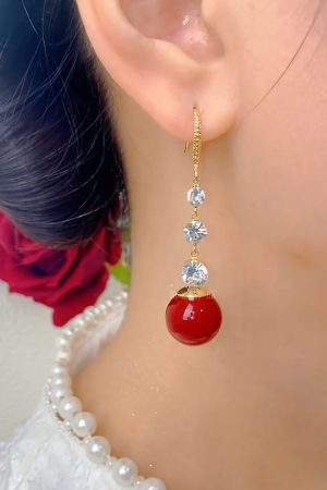 Water Drop Zircon Red Bead Long Tassel Earrings - Versatile Light Luxury High-End Fashion Ear Accessories for 2025