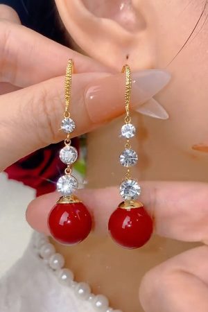 Water Drop Zircon Red Bead Long Tassel Earrings - Versatile Light Luxury High-End Fashion Ear Accessories for 2025