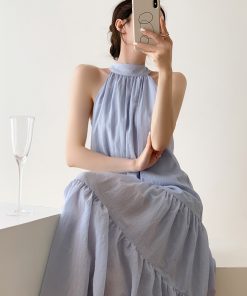 Water Mist Blue Sleeveless Halter Dress for Women - Elegant Loose French Style Summer Beach Vacation Dress