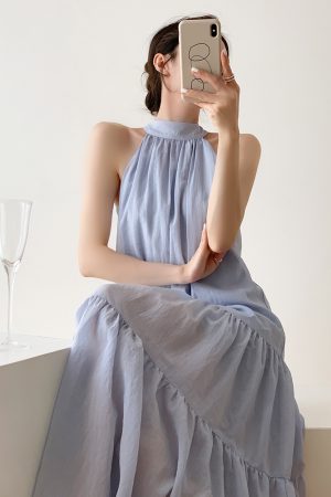 Water Mist Blue Sleeveless Halter Dress for Women - Elegant Loose French Style Summer Beach Vacation Dress