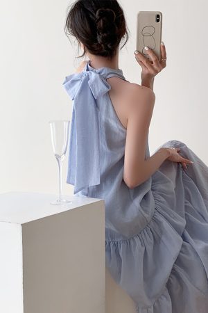 Water Mist Blue Sleeveless Halter Dress for Women - Elegant Loose French Style Summer Beach Vacation Dress