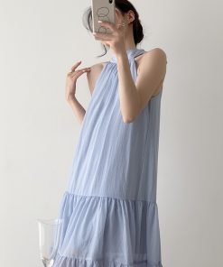 Water Mist Blue Sleeveless Halter Dress for Women - Elegant Loose French Style Summer Beach Vacation Dress