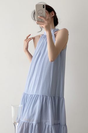 Water Mist Blue Sleeveless Halter Dress for Women - Elegant Loose French Style Summer Beach Vacation Dress