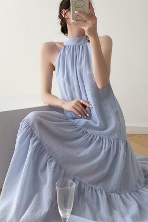 Water Mist Blue Sleeveless Halter Dress for Women - Elegant Loose French Style Summer Beach Vacation Dress