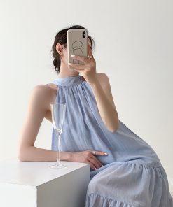 Water Mist Blue Sleeveless Halter Dress for Women - Elegant Loose French Style Summer Beach Vacation Dress