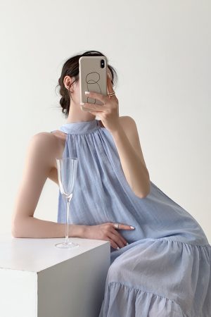 Water Mist Blue Sleeveless Halter Dress for Women - Elegant Loose French Style Summer Beach Vacation Dress