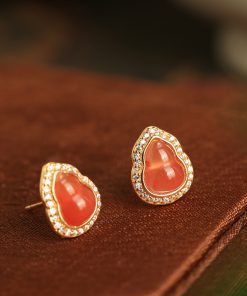 Water Red Yunnan Baoshan Natural Gourd Pure Silver Ear Studs with Jade Stone and Red Agate - Zodiac Year Earrings for Women