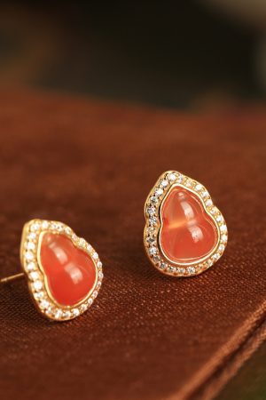 Water Red Yunnan Baoshan Natural Gourd Pure Silver Ear Studs with Jade Stone and Red Agate - Zodiac Year Earrings for Women