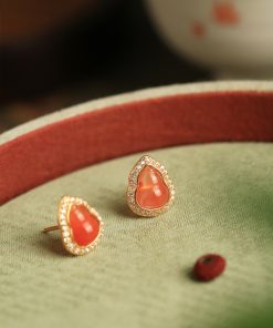 Water Red Yunnan Baoshan Natural Gourd Pure Silver Ear Studs with Jade Stone and Red Agate - Zodiac Year Earrings for Women