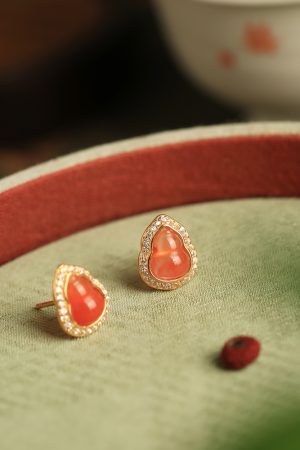 Water Red Yunnan Baoshan Natural Gourd Pure Silver Ear Studs with Jade Stone and Red Agate - Zodiac Year Earrings for Women