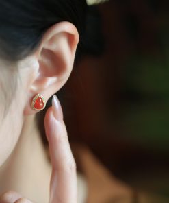 Water Red Yunnan Baoshan Natural Gourd Pure Silver Ear Studs with Jade Stone and Red Agate - Zodiac Year Earrings for Women