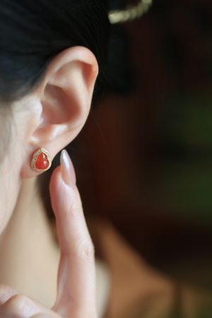 Water Red Yunnan Baoshan Natural Gourd Pure Silver Ear Studs with Jade Stone and Red Agate - Zodiac Year Earrings for Women
