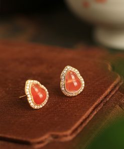 Water Red Yunnan Baoshan Natural Gourd Pure Silver Ear Studs with Jade Stone and Red Agate - Zodiac Year Earrings for Women