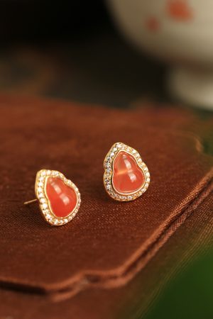 Water Red Yunnan Baoshan Natural Gourd Pure Silver Ear Studs with Jade Stone and Red Agate - Zodiac Year Earrings for Women