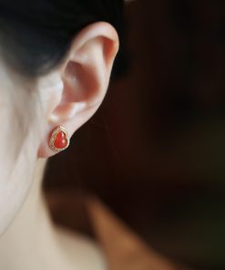 Water Red Yunnan Baoshan Natural Gourd Pure Silver Ear Studs with Jade Stone and Red Agate - Zodiac Year Earrings for Women