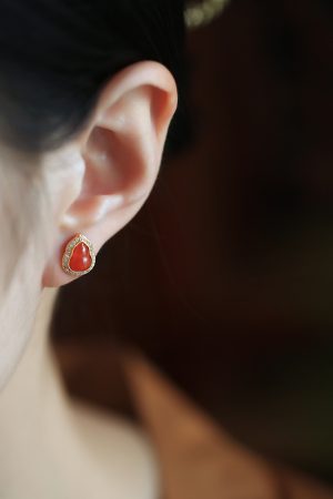 Water Red Yunnan Baoshan Natural Gourd Pure Silver Ear Studs with Jade Stone and Red Agate - Zodiac Year Earrings for Women