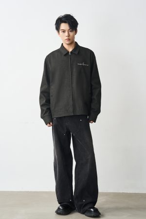Water-Washed Lake Green Embroidered Twill Cotton Zip-Up Work Jacket with Lapel - Clean Fit, Casual Style