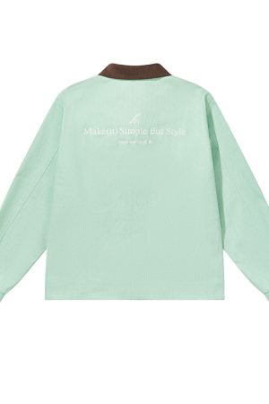 Water-Washed Lake Green Embroidered Twill Cotton Zip-Up Work Jacket with Lapel - Clean Fit, Casual Style