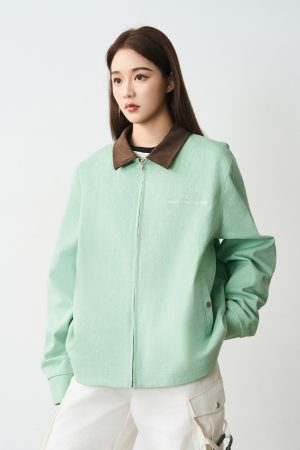Water-Washed Lake Green Embroidered Twill Cotton Zip-Up Work Jacket with Lapel - Clean Fit, Casual Style
