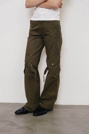 Water-Washed Loose Straight-Leg Strap Work Pants for Women - Fall/Winter 2025 Fashion, Casual Style, Streetwear, Trendy