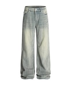 Water-Washed Vertical Striped Textured Loose Vintage High Street Straight Leg Jeans for a Trendy 90s Inspired Look