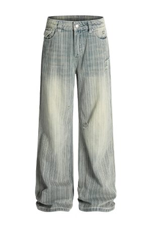 Water-Washed Vertical Striped Textured Loose Vintage High Street Straight Leg Jeans for a Trendy 90s Inspired Look